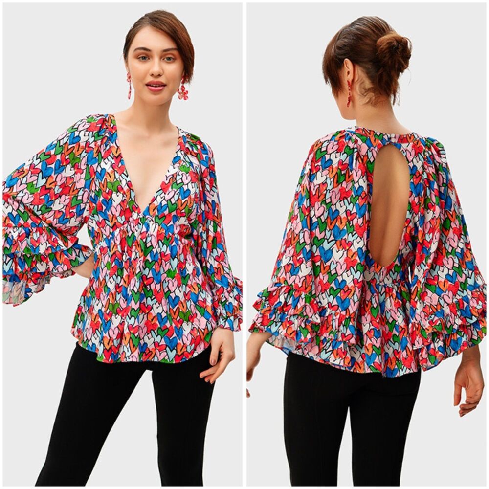 Eshakti Wayward Fancies Heart Print Ruffle Open Back Top Size XS